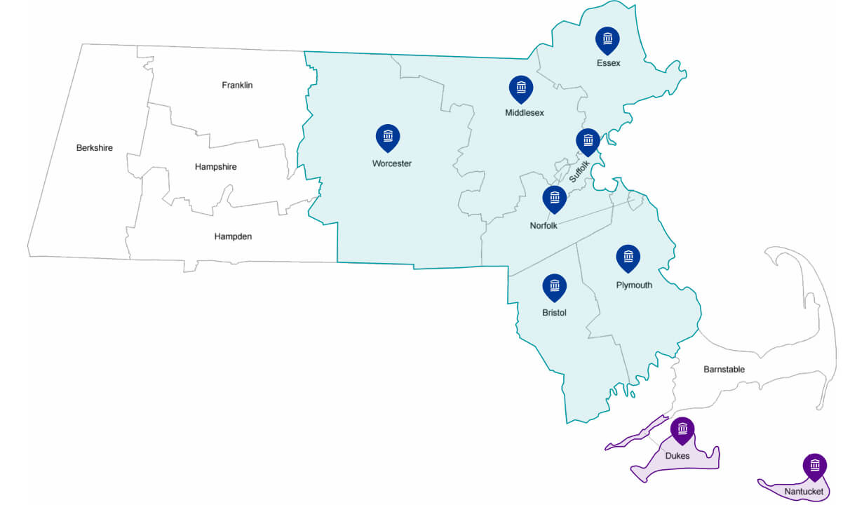 Graphic showing plan service area for Massachusetts, including new coverage areas in Dukes and Nantucket counties.